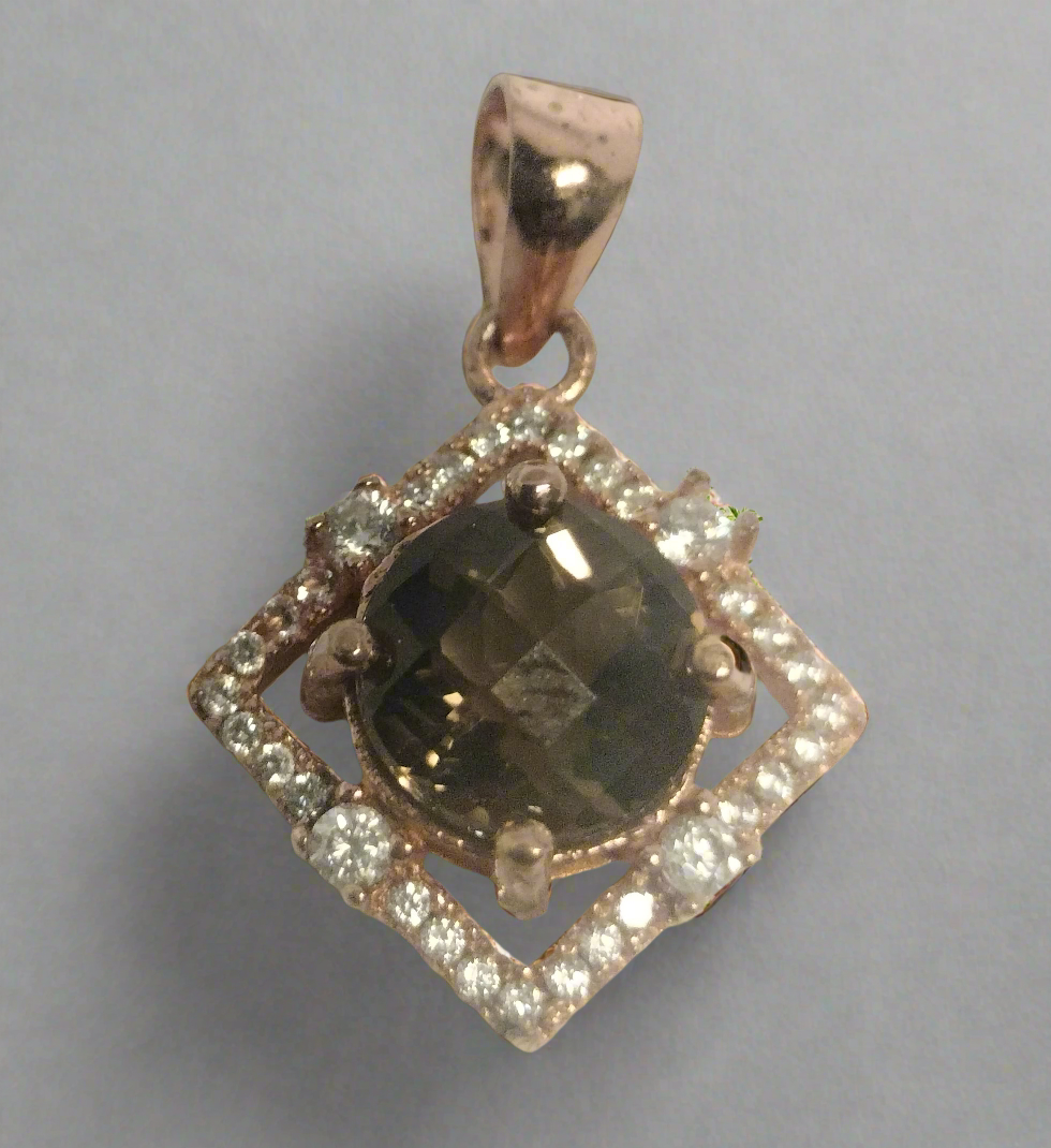 Rose Plated Sterling Silver Smokey Quartz and Cubic Zirconia Pendant
