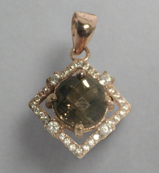 Rose Plated Sterling Silver Smokey Quartz and Cubic Zirconia Pendant