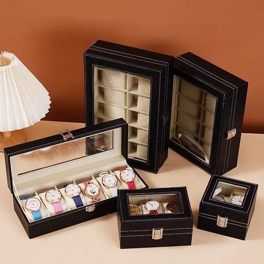 Classic Style Leather Watch Display Case Organizer - Jewelry Storage Box with Glass Top for Men - Multiple Slots Available