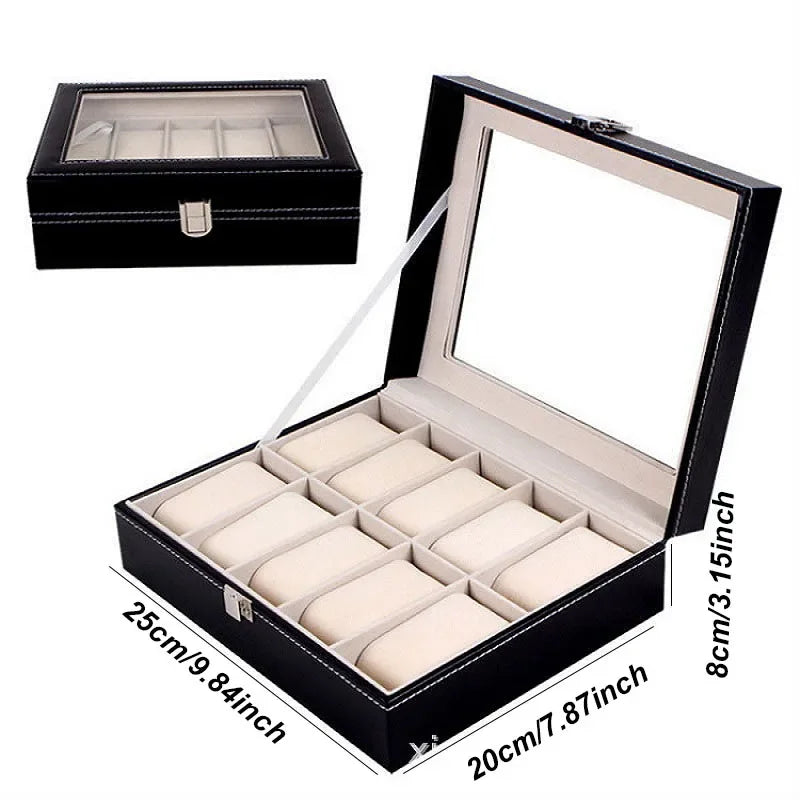 Classic Style Leather Watch Display Case Organizer - Jewelry Storage Box with Glass Top for Men - Multiple Slots Available