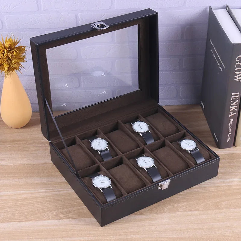 Classic Style Leather Watch Display Case Organizer - Jewelry Storage Box with Glass Top for Men - Multiple Slots Available