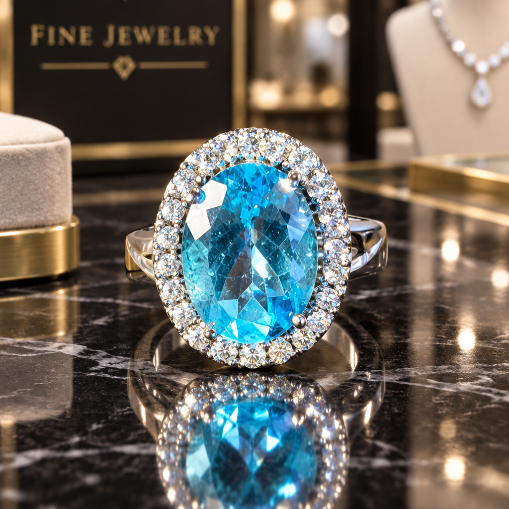 Sterling Silver Blue Topaz and Cubic Zirconia Ring