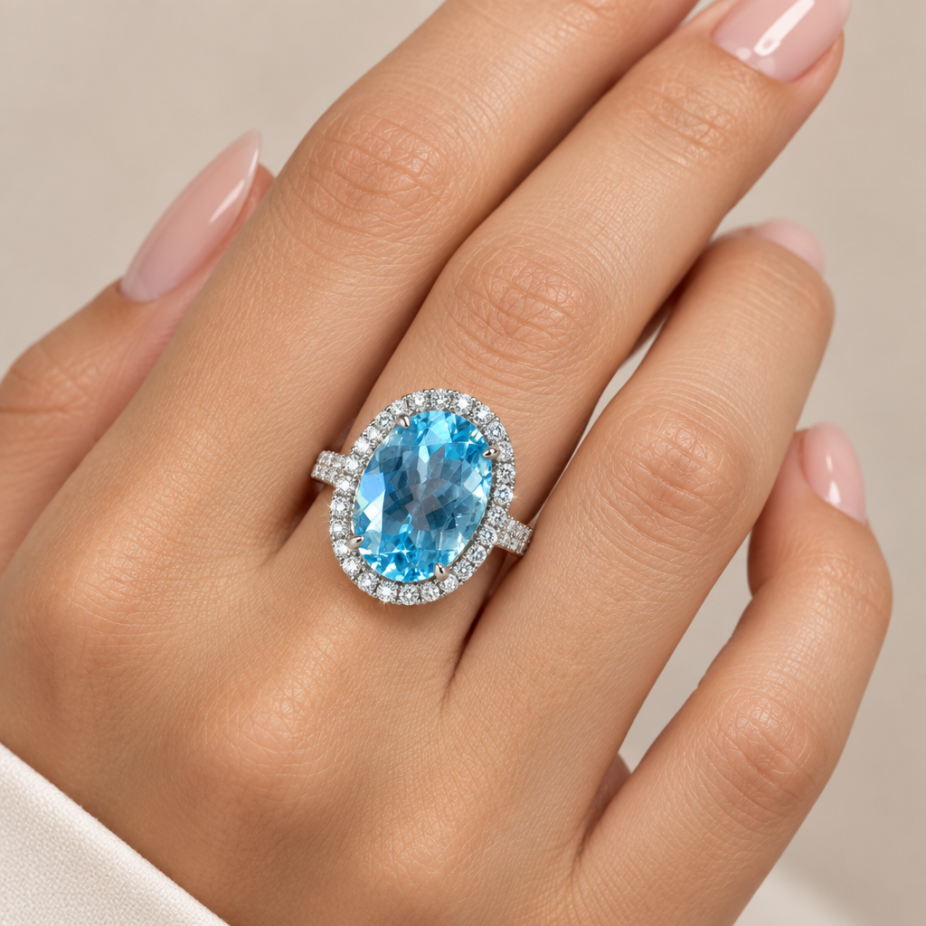 Sterling Silver Blue Topaz and Cubic Zirconia Ring