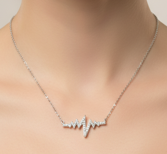 Sterling Silver Diamond Heartbeat Pendant and Chain