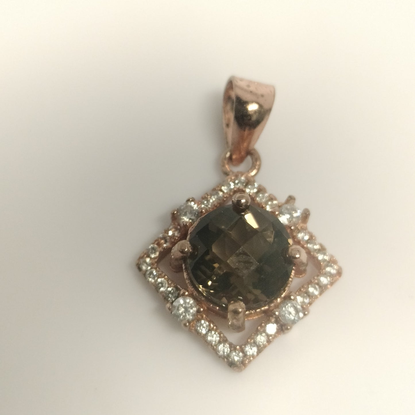 Rose Plated Sterling Silver Smokey Quartz and Cubic Zirconia Pendant