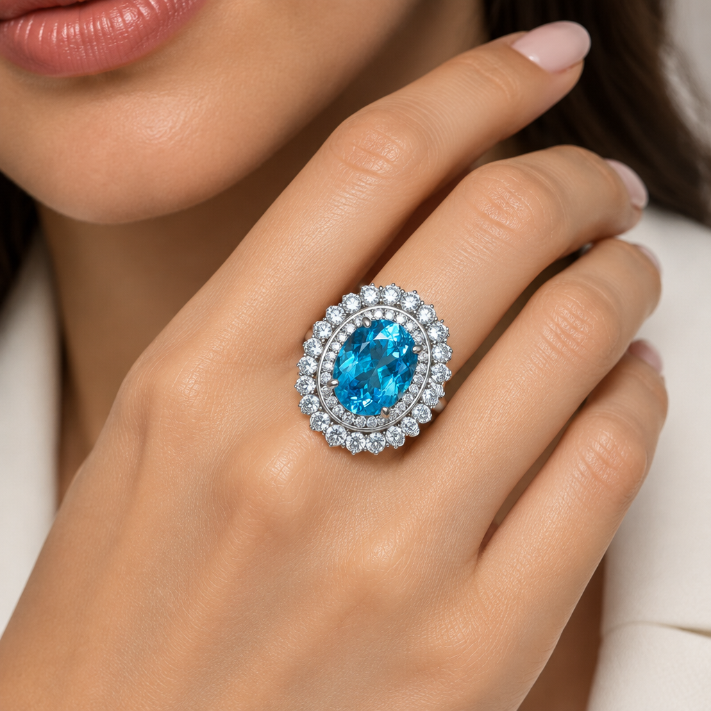 Sterling Silver Blue Topaz and Cubic Zirconia Ring