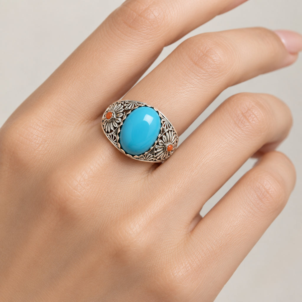 Sterling Silver Turquoise and Coral Ring