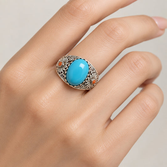 Sterling Silver Turquoise and Coral Ring