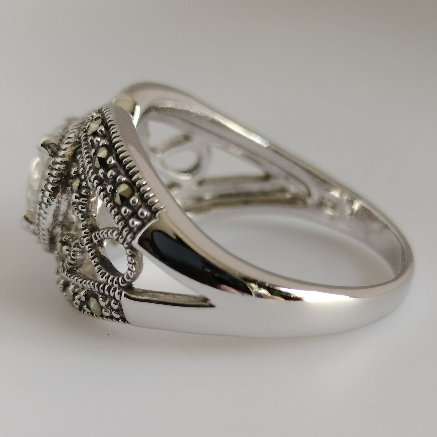 Sterling Silver Cubic Zirconia and Marcasite Ring
