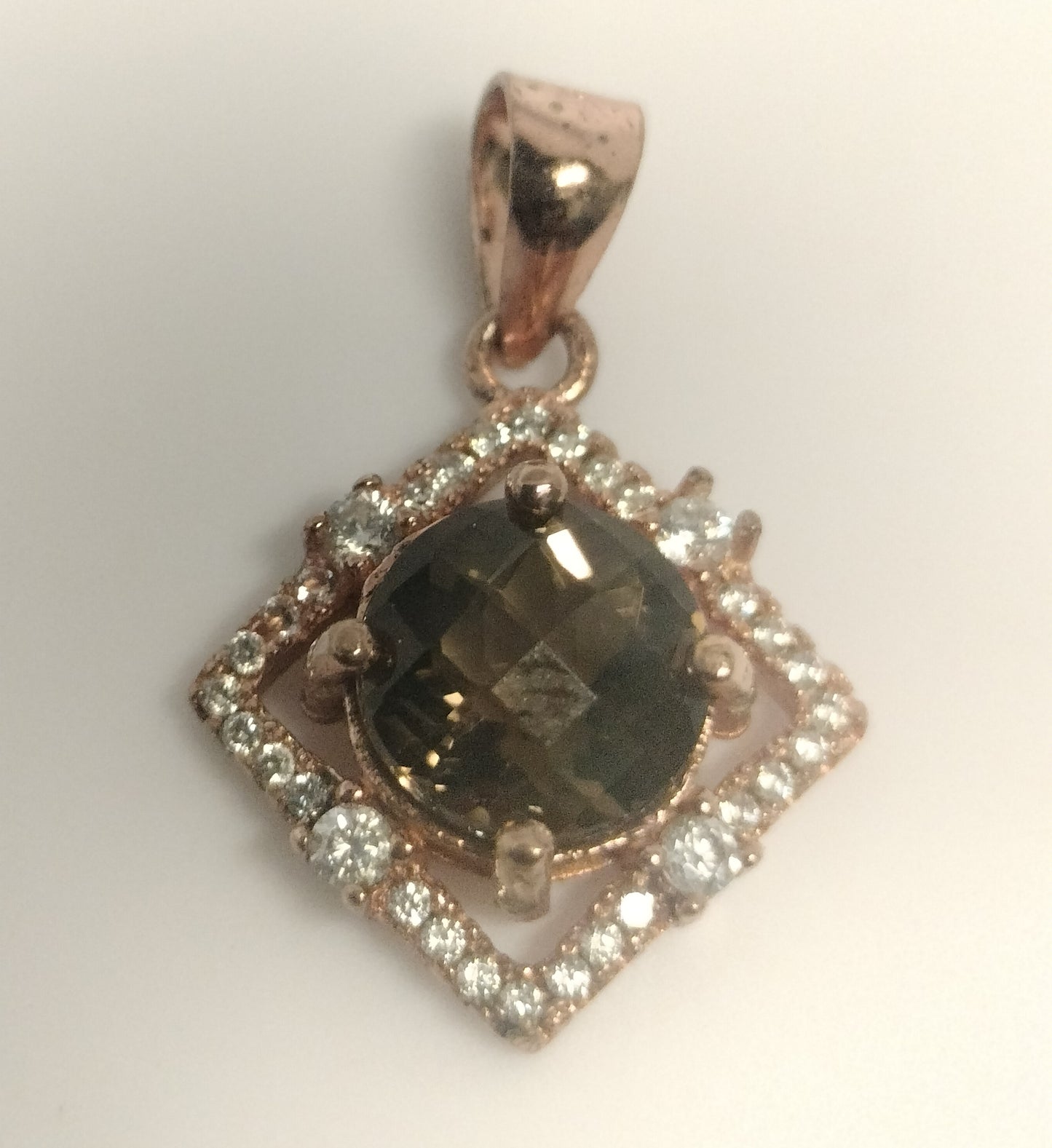 Rose Plated Sterling Silver Smokey Quartz and Cubic Zirconia Pendant