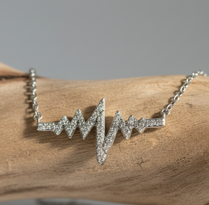 Sterling Silver Diamond Heartbeat Pendant and Chain