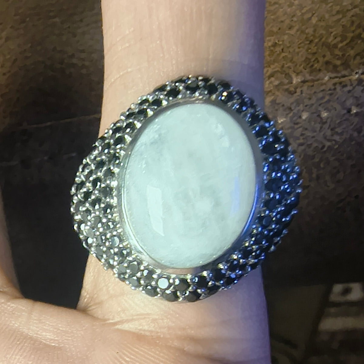 Sterling Silver Moonstone and Black Spinel Ring