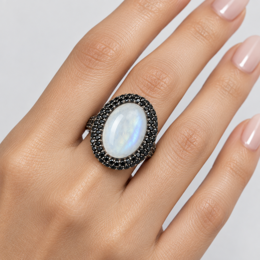 Sterling Silver Moonstone and Black Spinel Ring