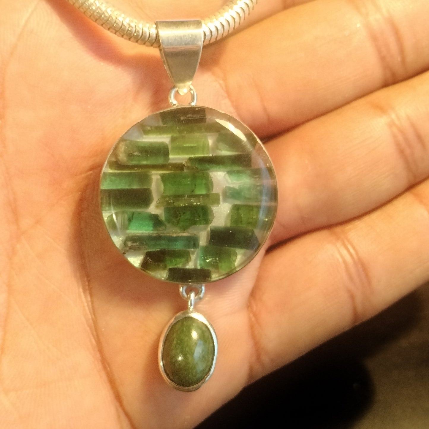 Natural Tourmaline Crystal in Resin with Jade Cabochon Pendant and Chain