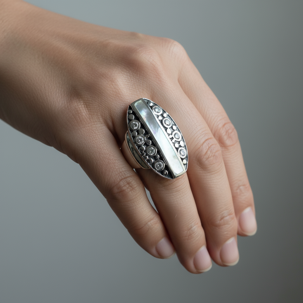 Sterling Silver Mother Of Pearl and Cubic Zirconia Ring