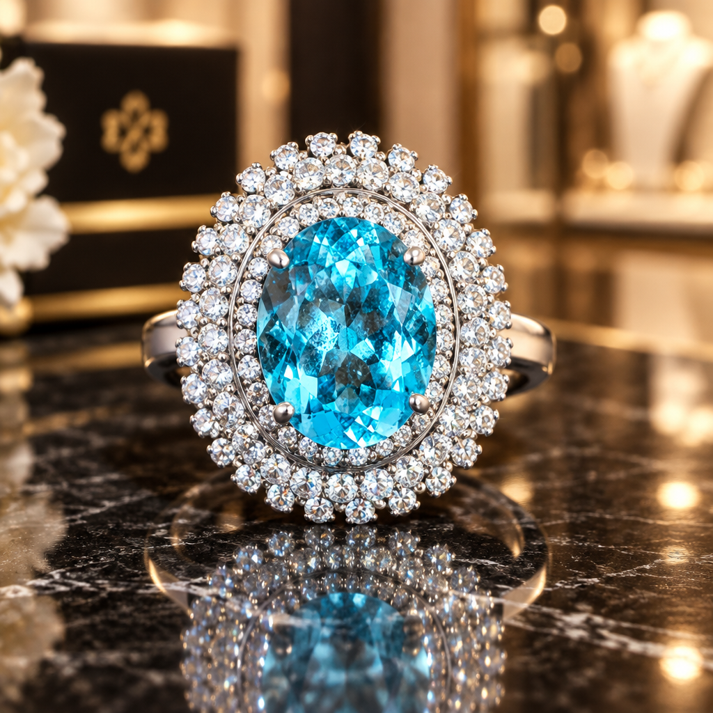 Sterling Silver Blue Topaz and Cubic Zirconia Ring