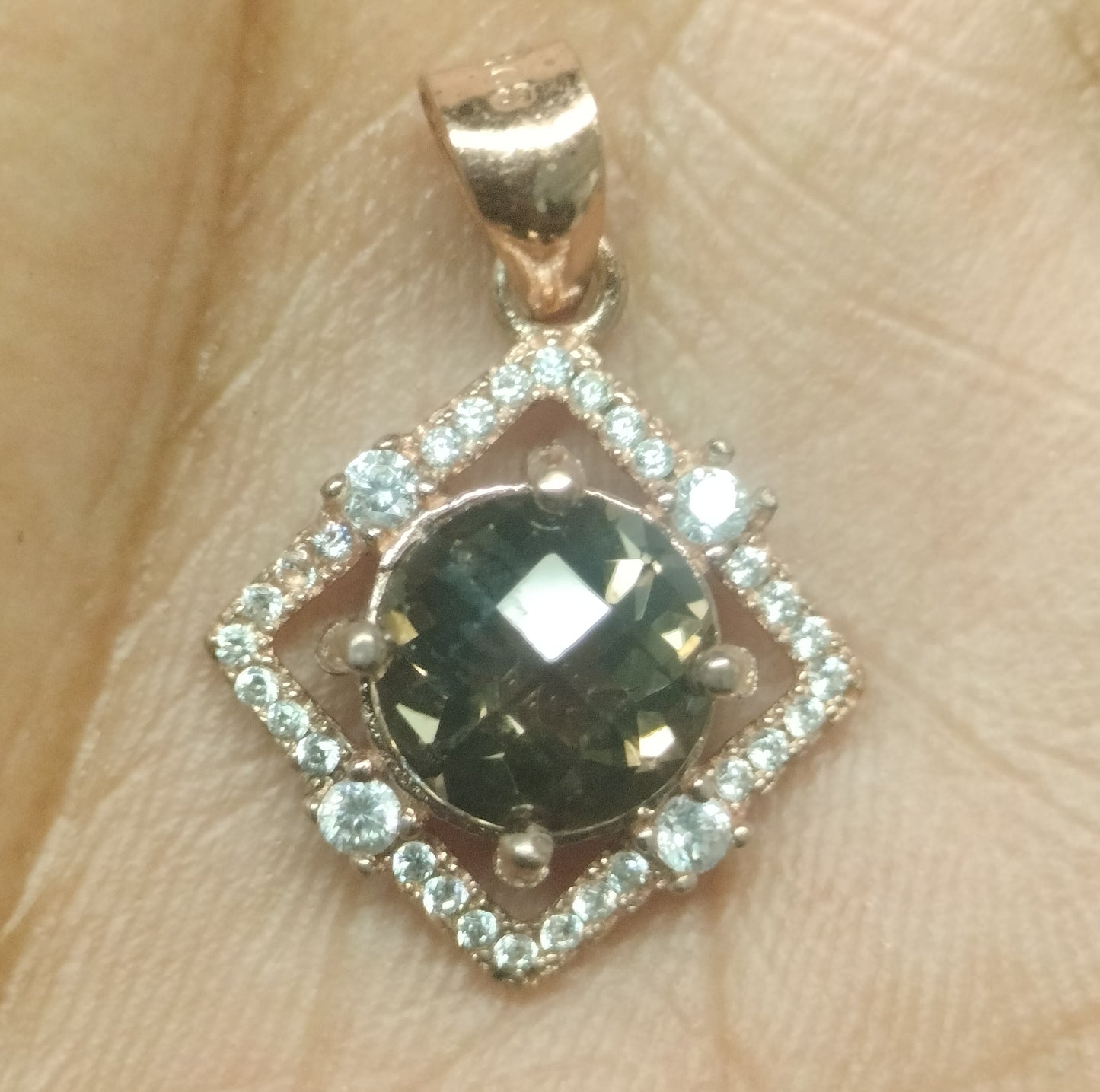 Rose Plated Sterling Silver Smokey Quartz and Cubic Zirconia Pendant