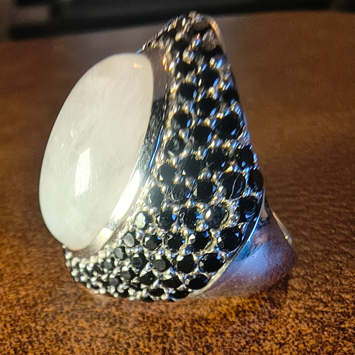 Sterling Silver Moonstone and Black Spinel Ring