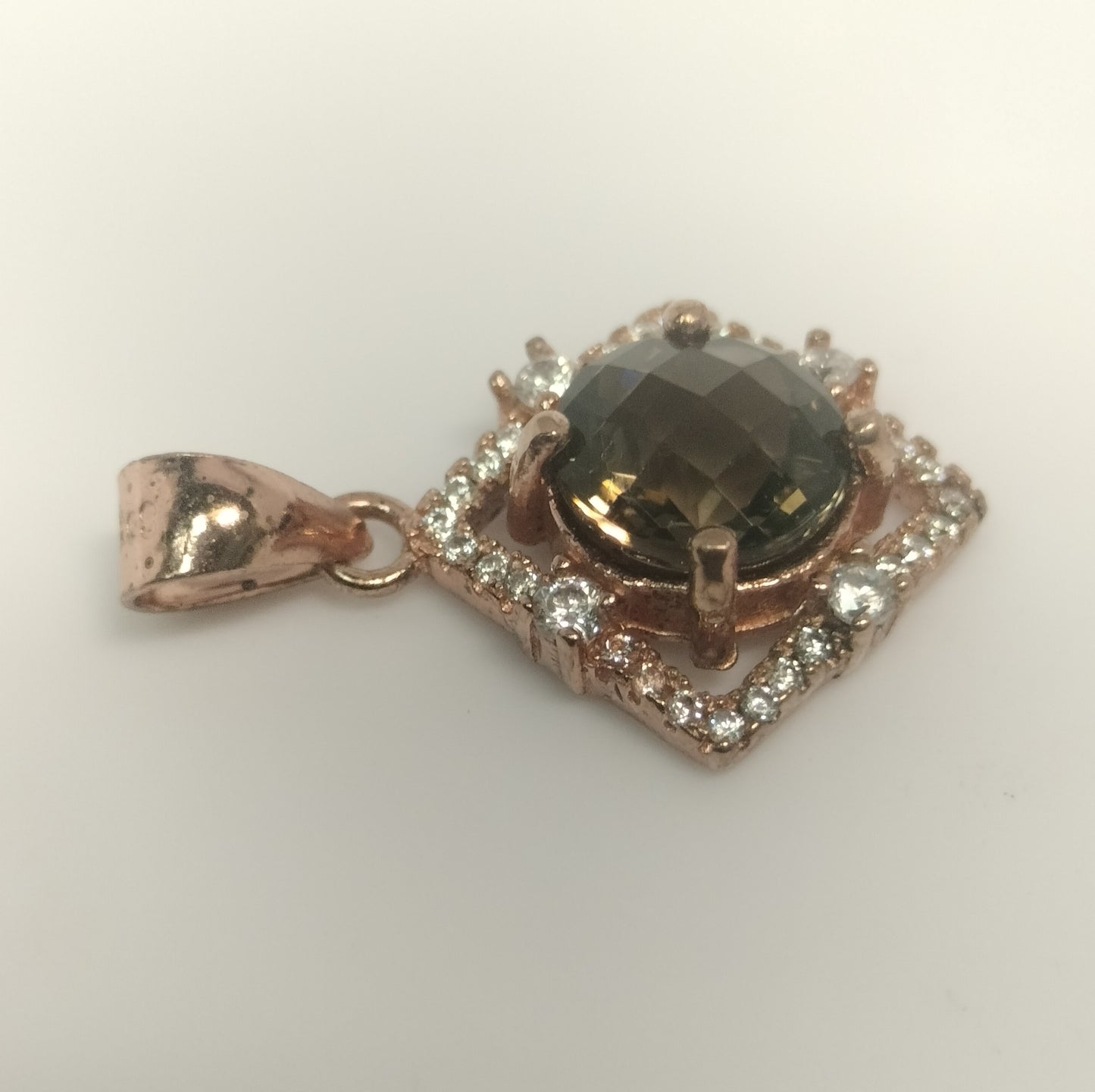 Rose Plated Sterling Silver Smokey Quartz and Cubic Zirconia Pendant