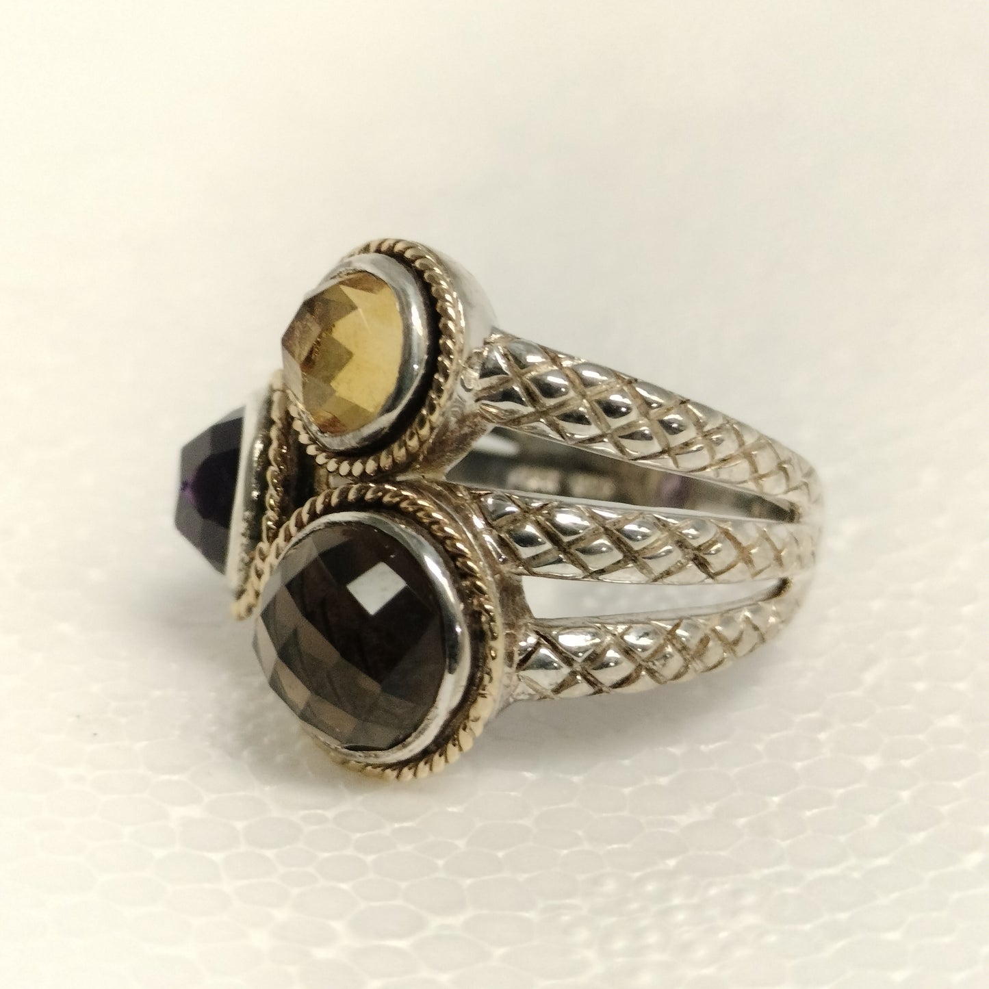 Sterling Silver 14k Gold Ring with Amethyst, Smokey Topaz, and Citrine