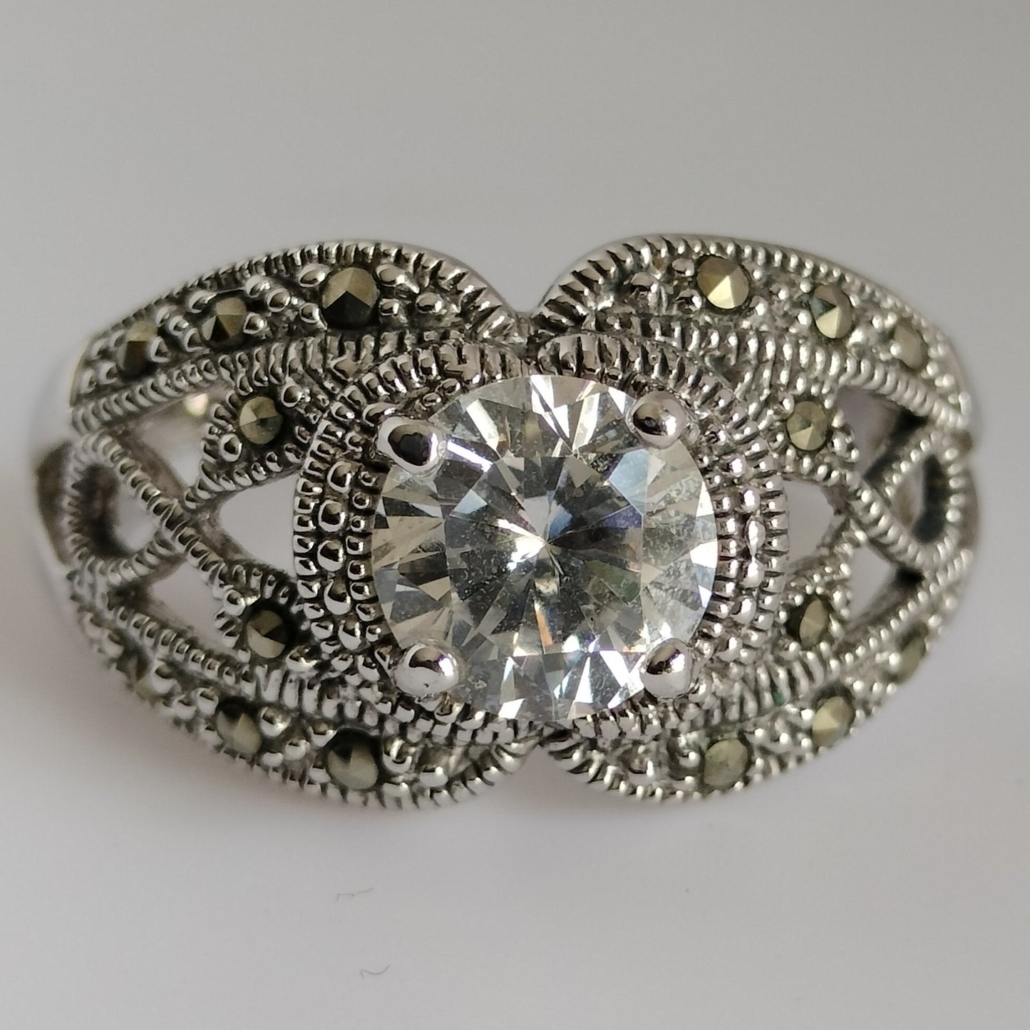 Sterling Silver Cubic Zirconia and Marcasite Ring