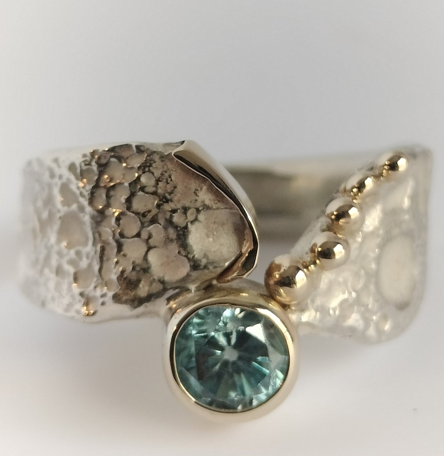 Sterling Silver and 14k Gold Blue Zircon Ring
