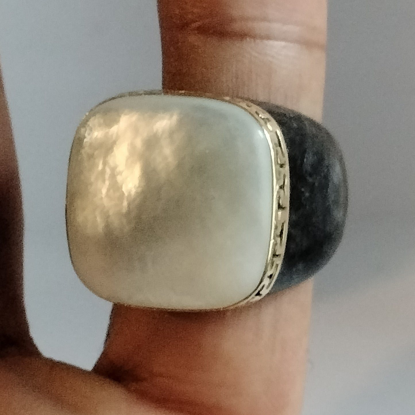 Large Black Jade Mother Of Pearl 14k Gold Greek Key Ring