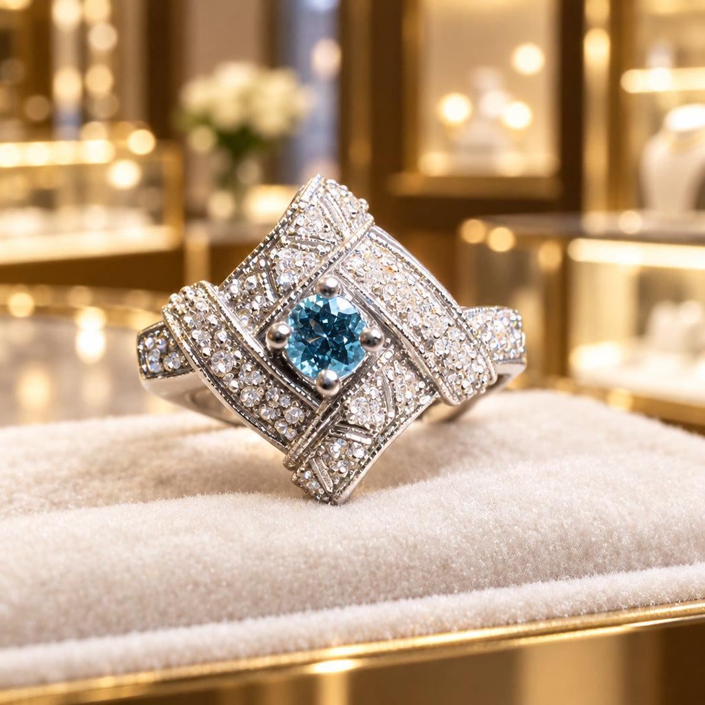 10k Gold Blue Topaz and Diamond Ring