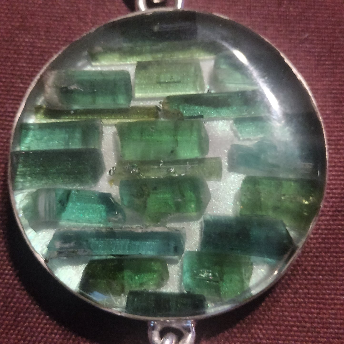 Natural Tourmaline Crystal in Resin with Jade Cabochon Pendant and Chain