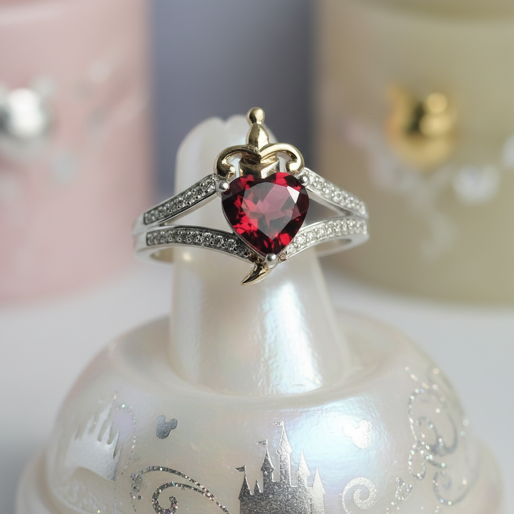 Disney Heart and Dagger Garnet and Diamond Ring