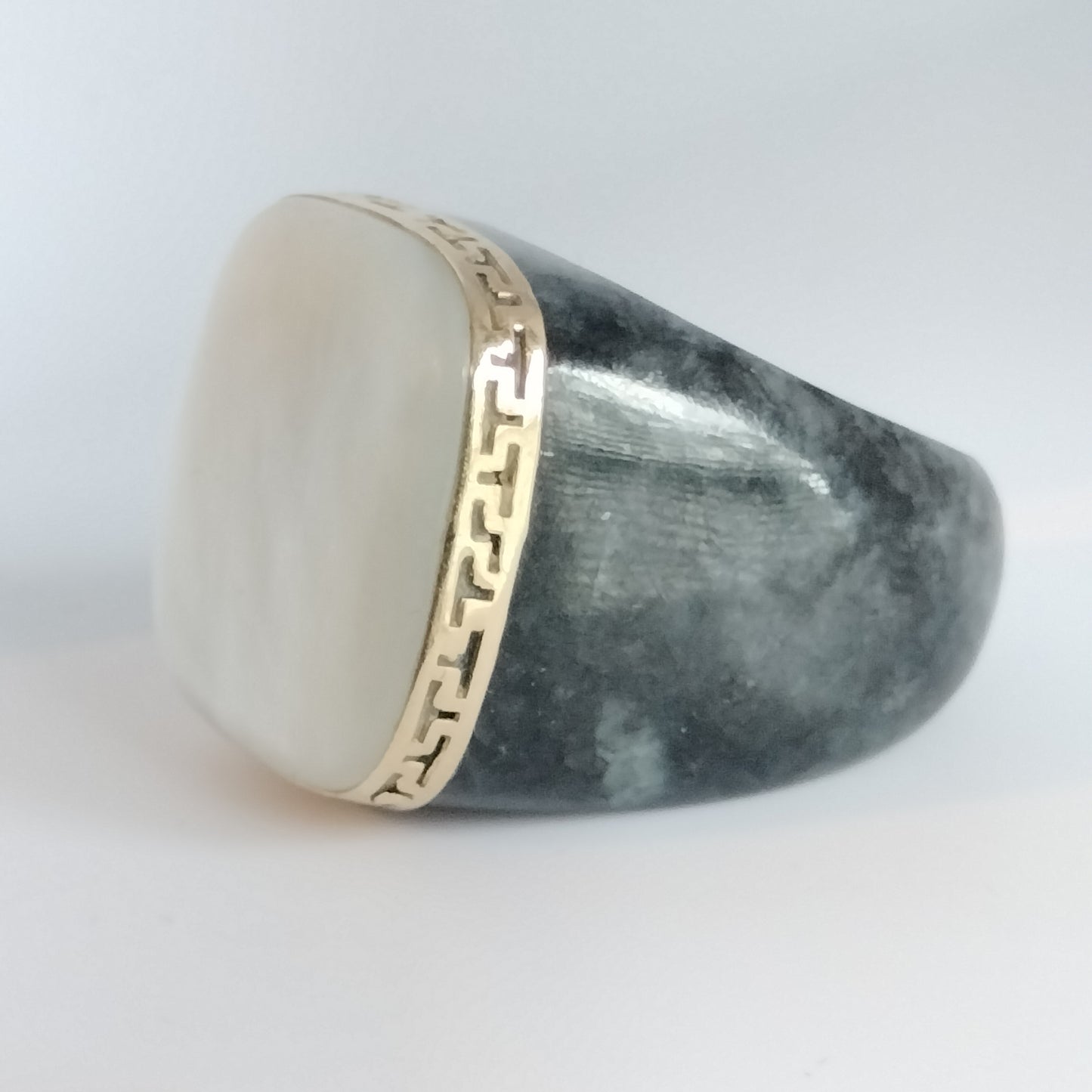 Large Black Jade Mother Of Pearl 14k Gold Greek Key Ring