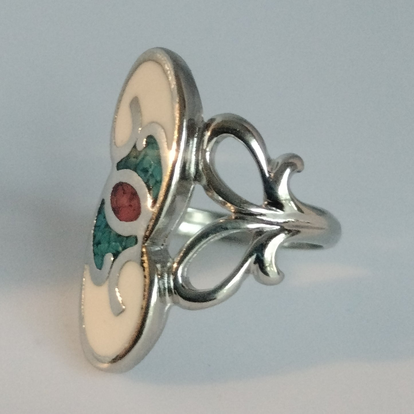 Sterling Silver Coral, Turquoise and Enamel Ring