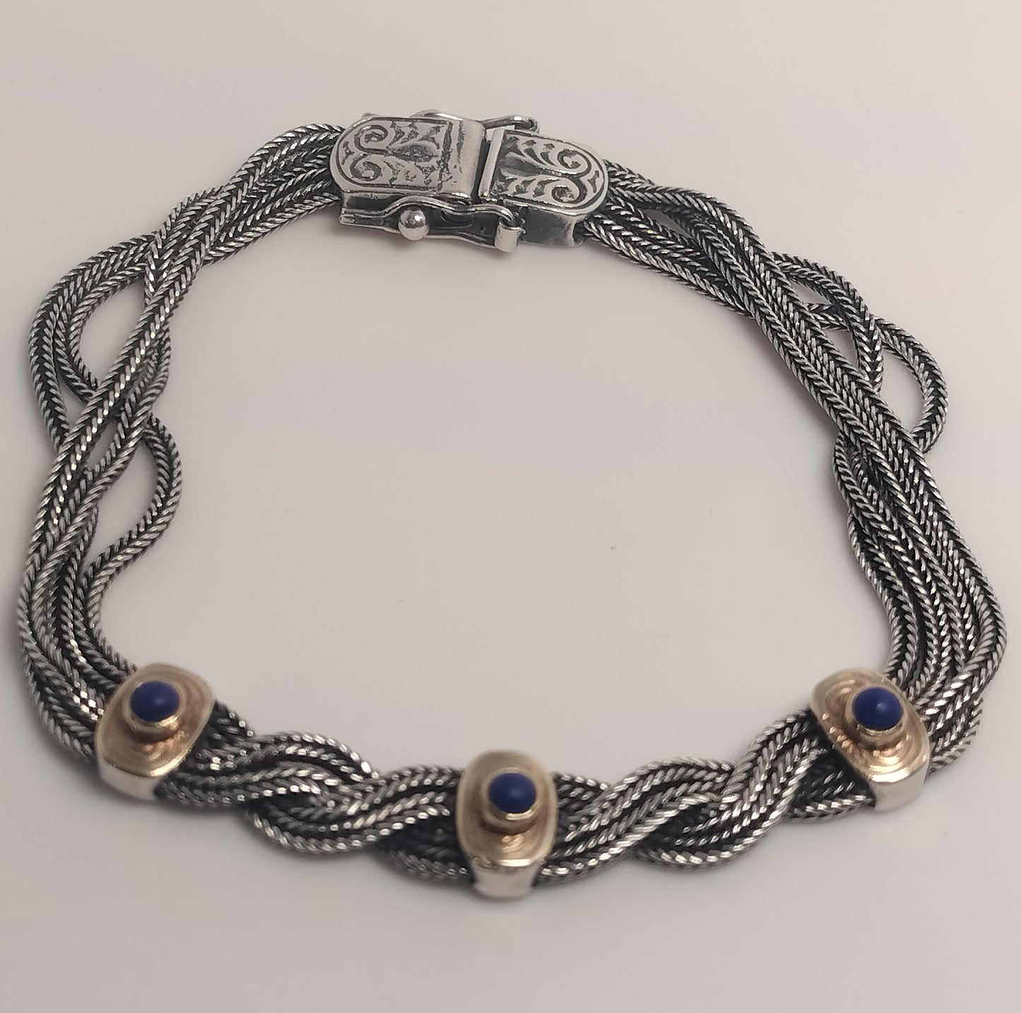 Sterling Silver, 22k Gold and Lapis Bracelet