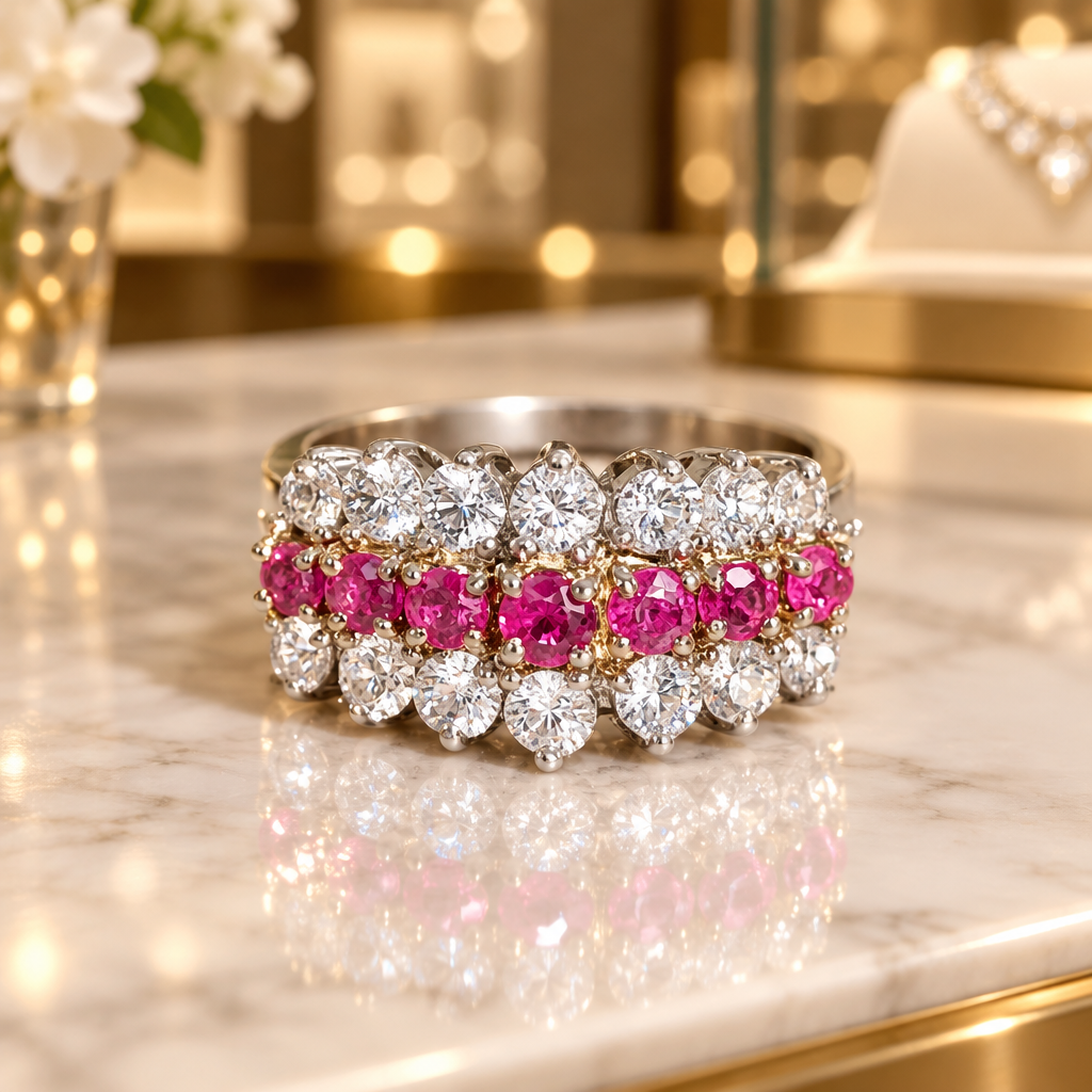 Sterling Silver Vermeil Ruby and Moissanite Ring