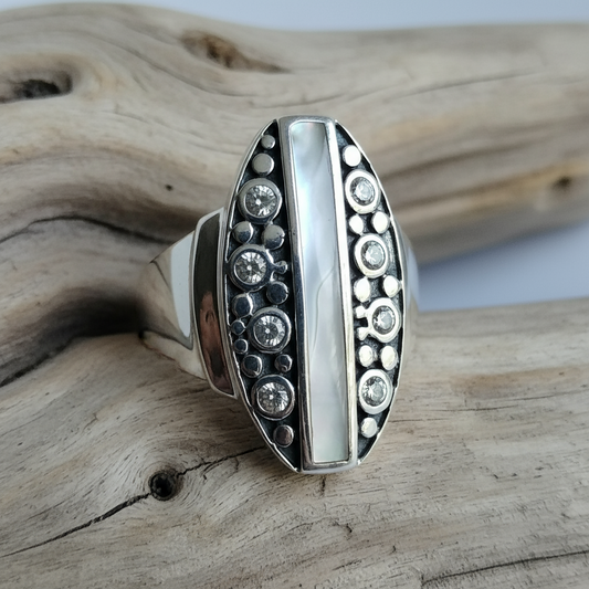 Sterling Silver Mother Of Pearl and Cubic Zirconia Ring