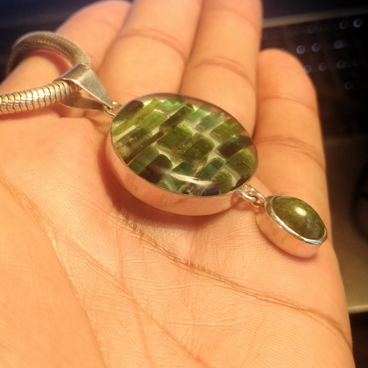 Natural Tourmaline Crystal in Resin with Jade Cabochon Pendant and Chain