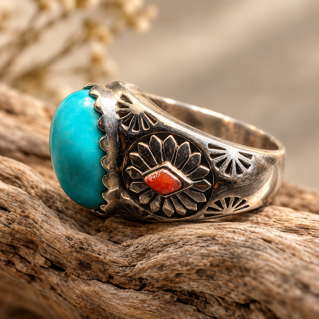 Sterling Silver Turquoise and Coral Ring