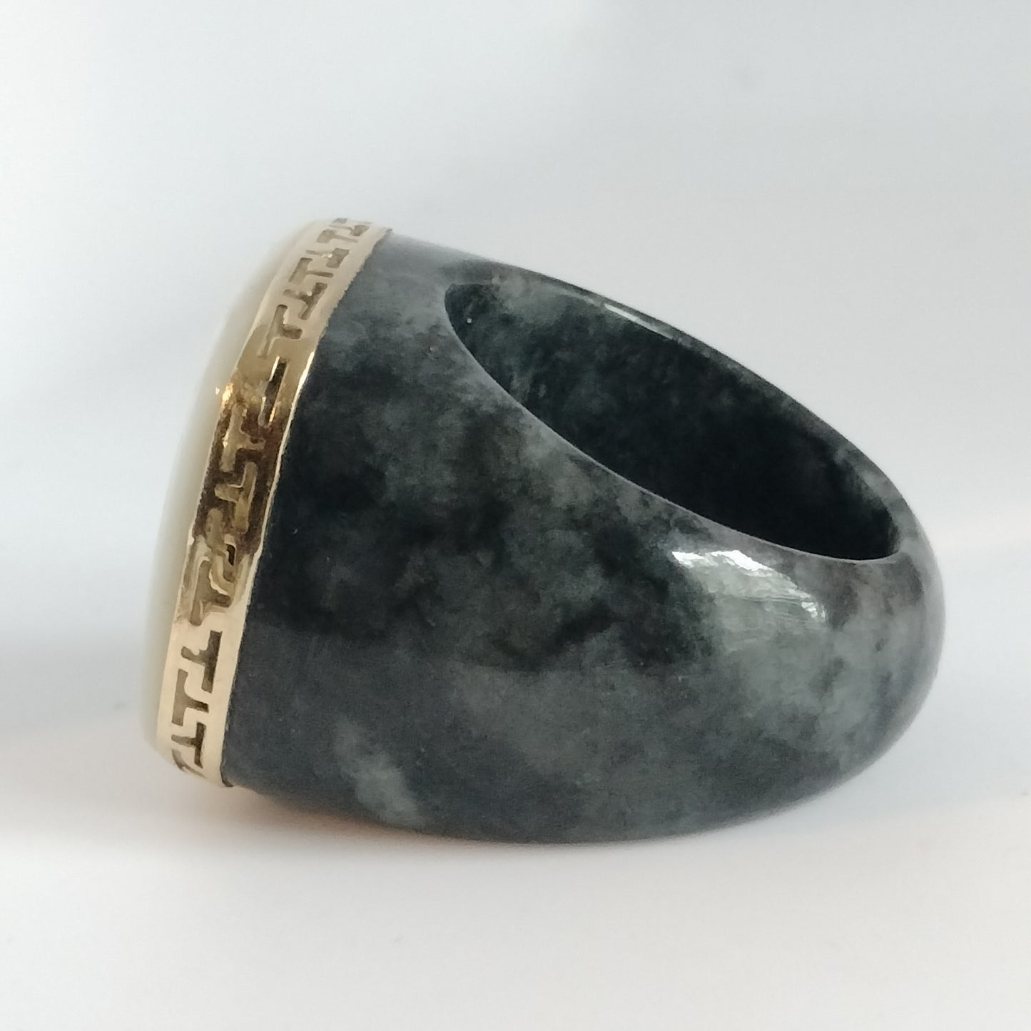 Large Black Jade Mother Of Pearl 14k Gold Greek Key Ring