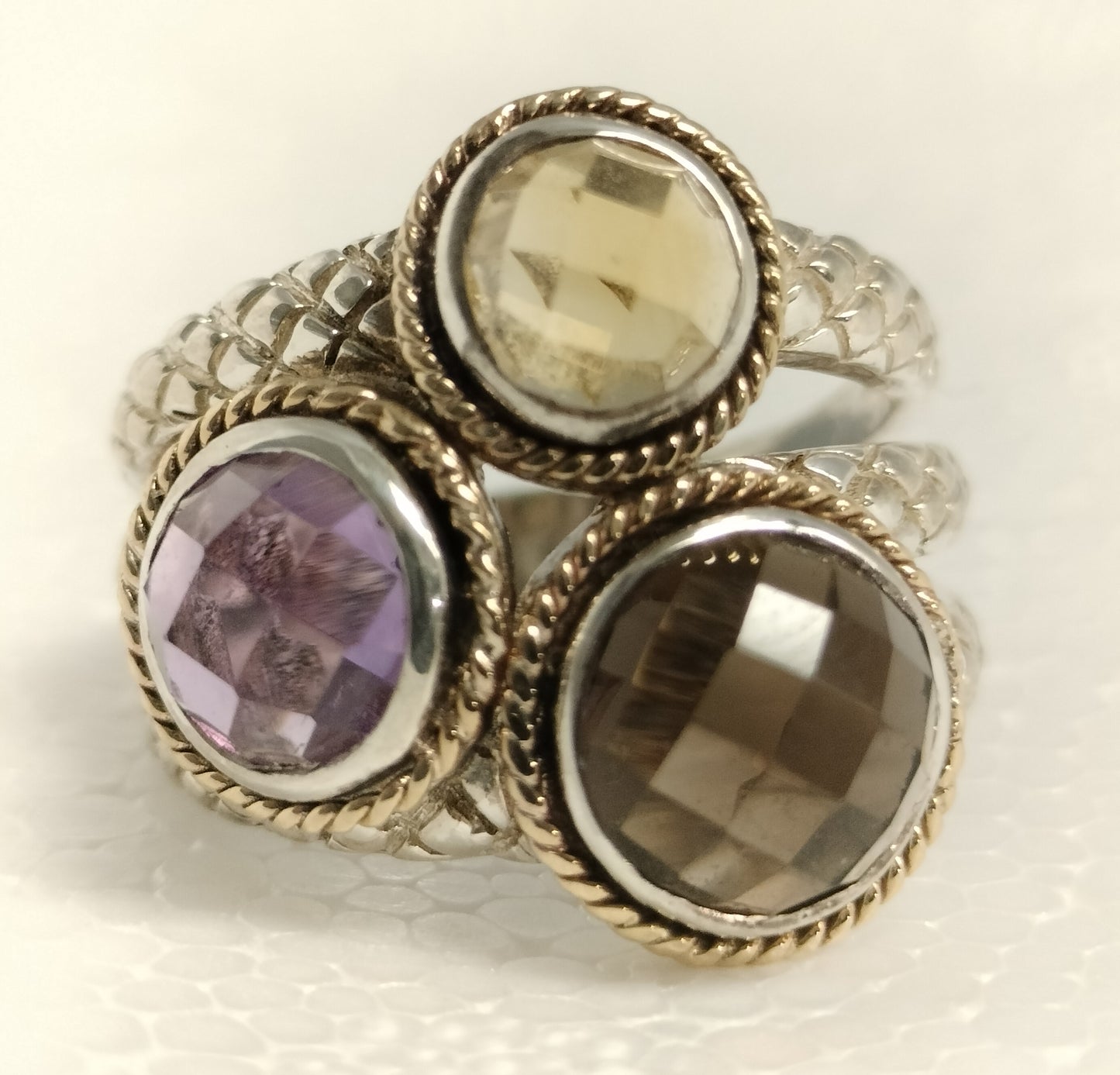Sterling Silver 14k Gold Ring with Amethyst, Smokey Topaz, and Citrine