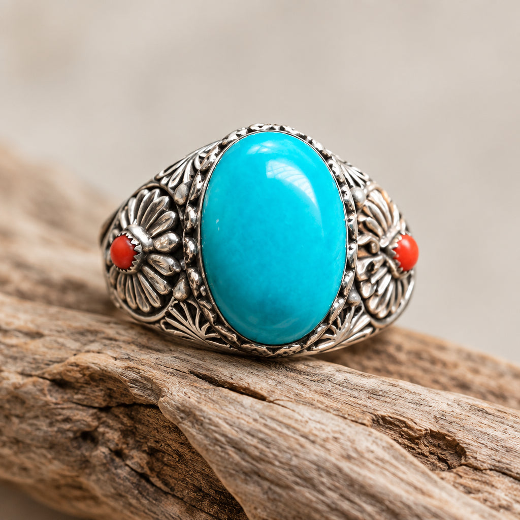Sterling Silver Turquoise and Coral Ring