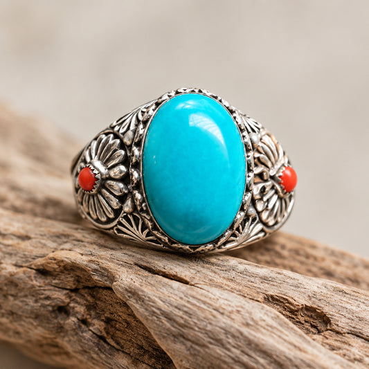 Sterling Silver Turquoise and Coral Ring