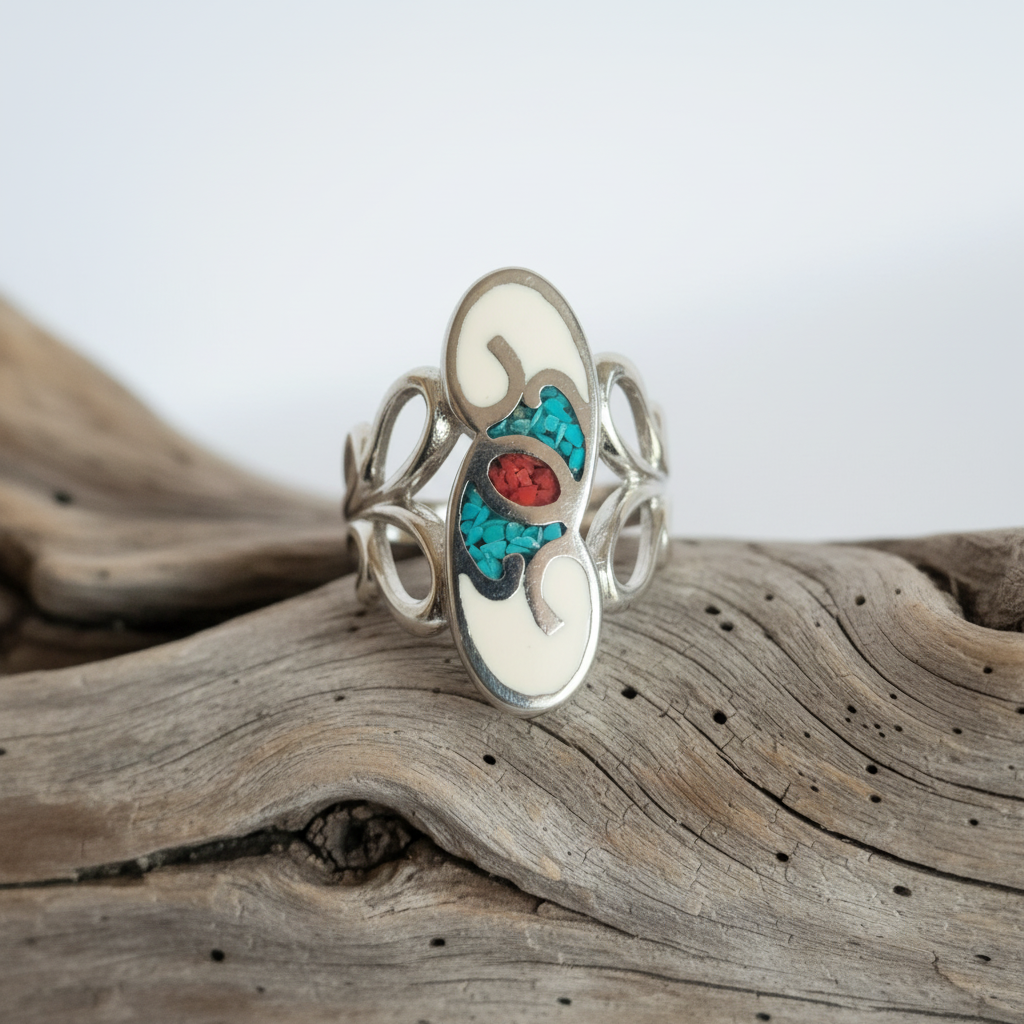 Sterling Silver Coral, Turquoise and Enamel Ring