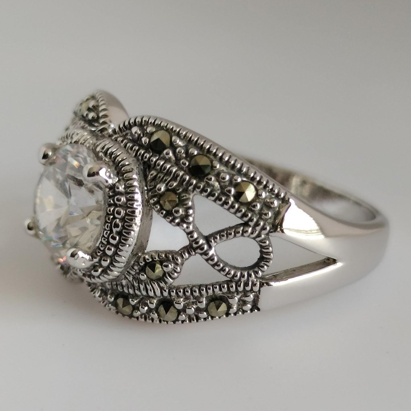 Sterling Silver Cubic Zirconia and Marcasite Ring