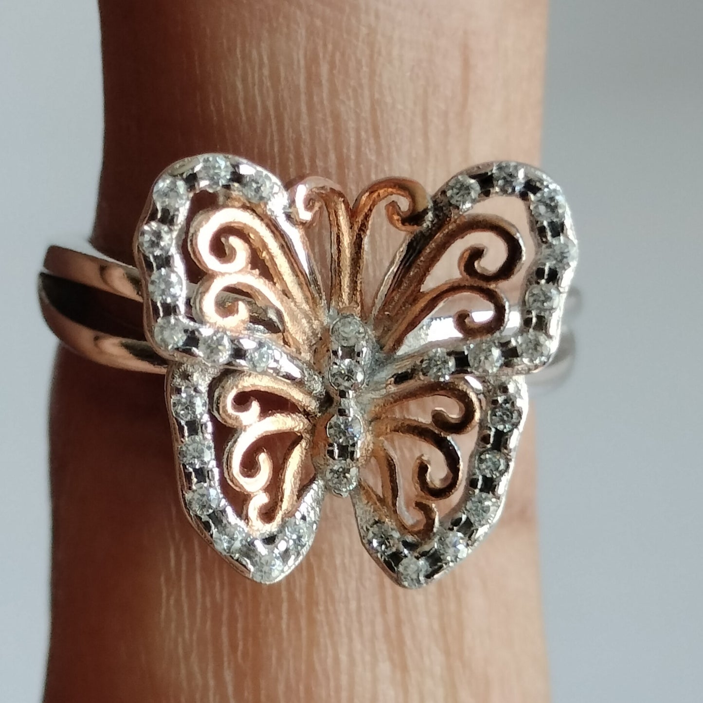 Sterling Silver Rose Plated Cubic Zirconia Butterfly Ring