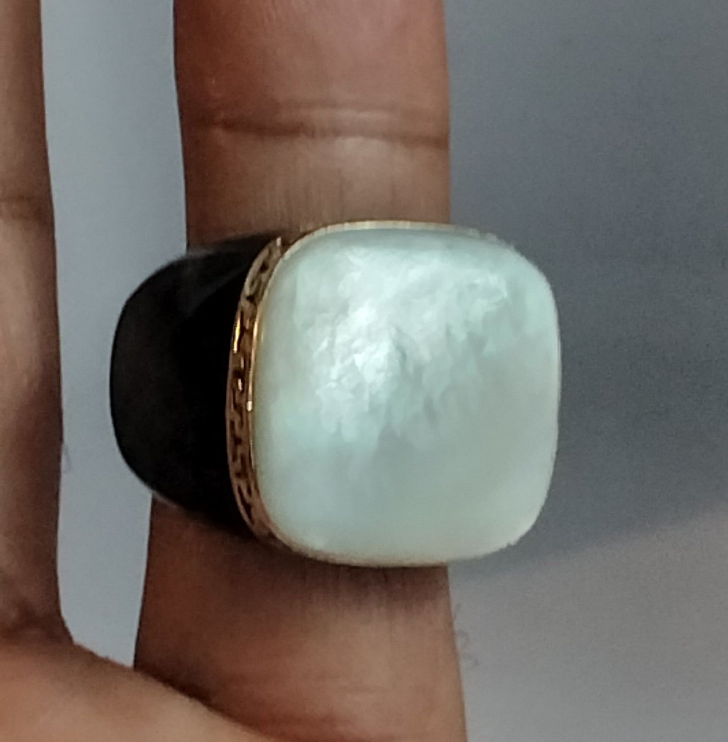 Large Black Jade Mother Of Pearl 14k Gold Greek Key Ring