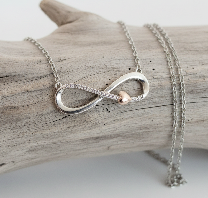 Sterling silver Diamond Infinity Pendant with 10k Rose Gold Heart and Silver Chain