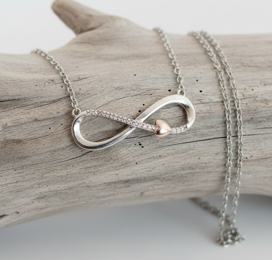 Sterling silver Diamond Infinity Pendant with 10k Rose Gold Heart and Silver Chain