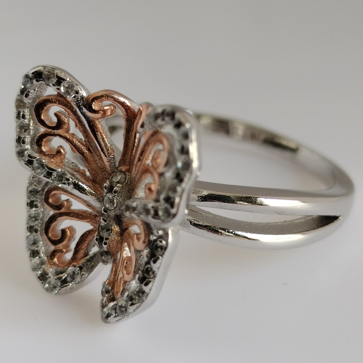 Sterling Silver Rose Plated Cubic Zirconia Butterfly Ring