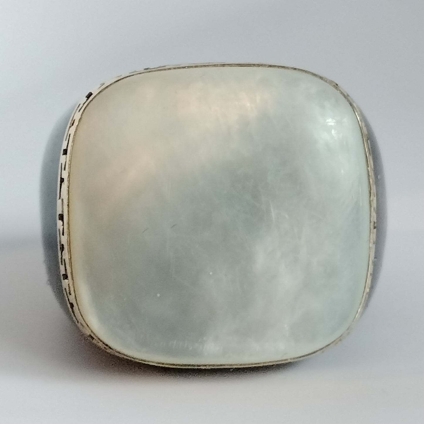 Large Black Jade Mother Of Pearl 14k Gold Greek Key Ring