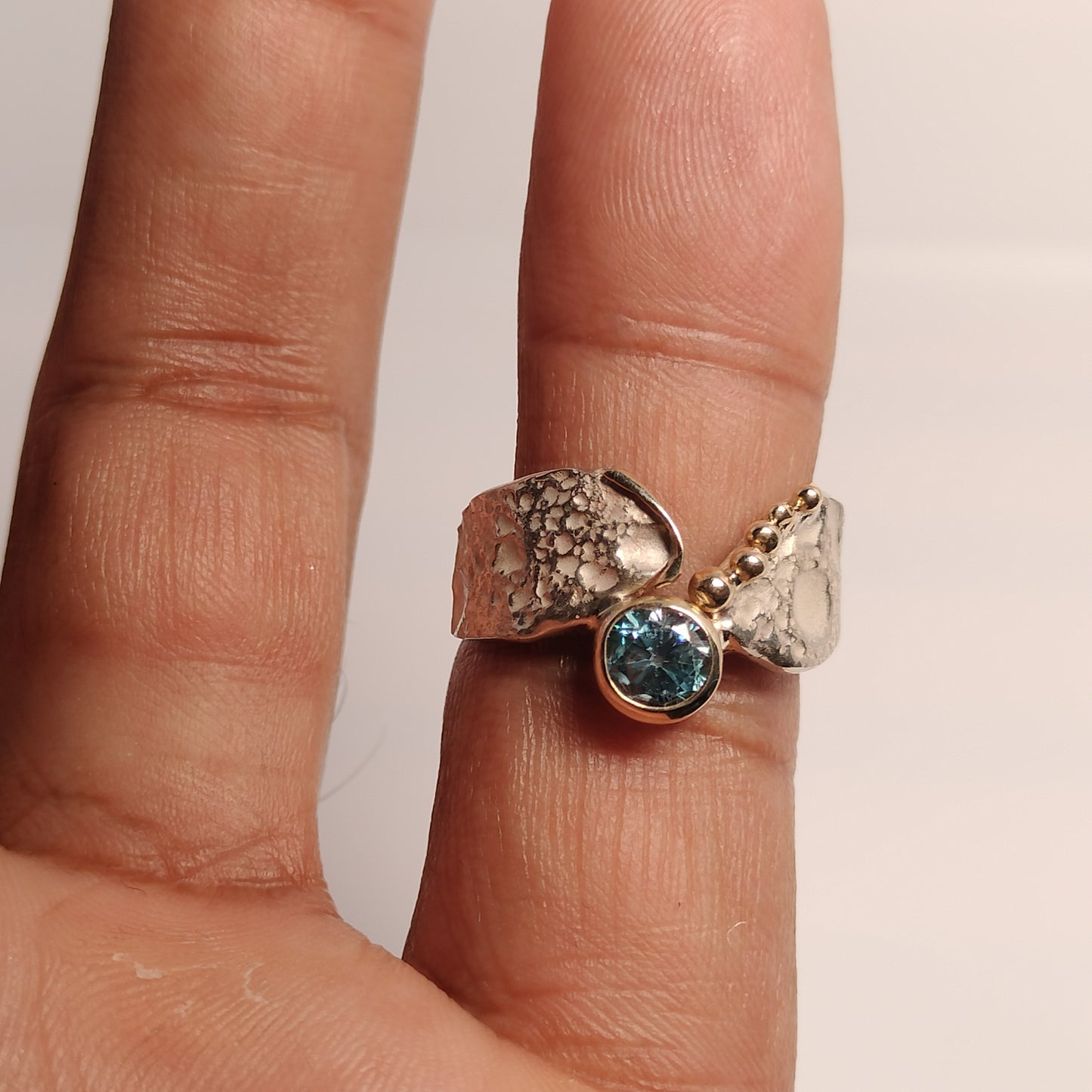 Sterling Silver and 14k Gold Blue Zircon Ring